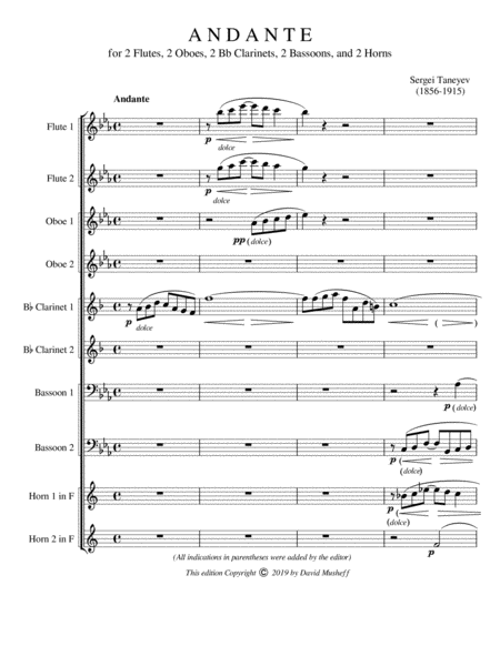 Free Sheet Music Andante For 2 Flutes 2 Oboes 2 Bb Clarinets 2 Bassoons And 2 Horns