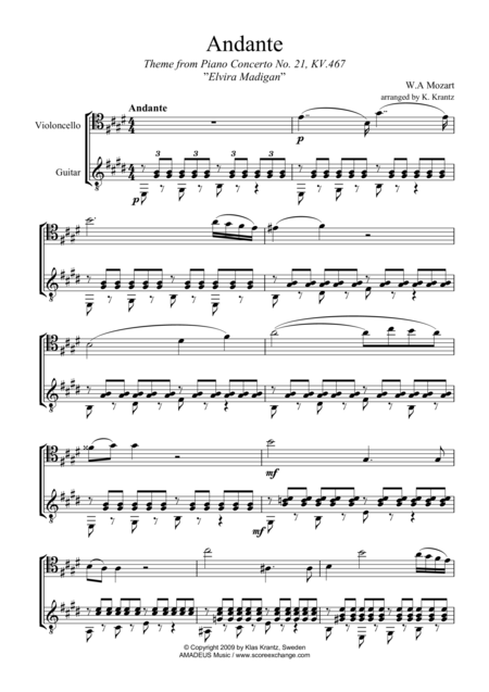 Andante From Elvira Madigan Abridged For Cello And Guitar Sheet Music