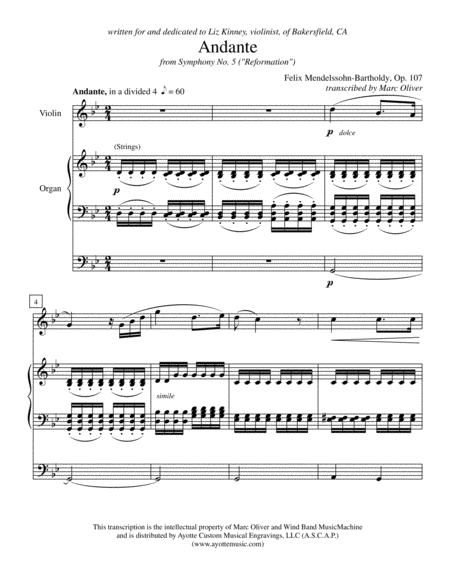 Free Sheet Music Andante From Mendelssohns Reformation Symphony For Violin And Organ