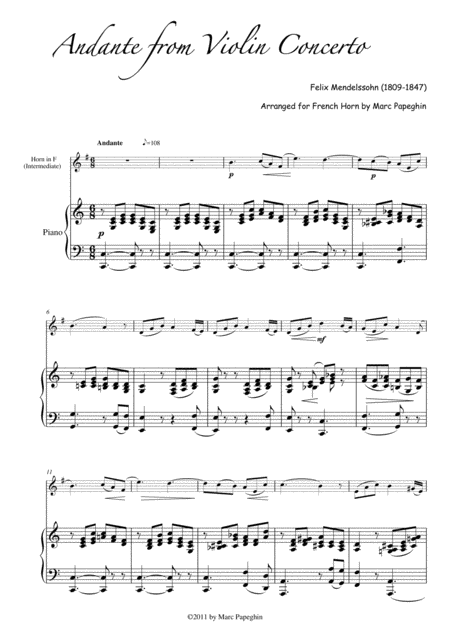 Andante From Mendelssohns Violin Concerto French Horn Arrangement Intermediate Sheet Music