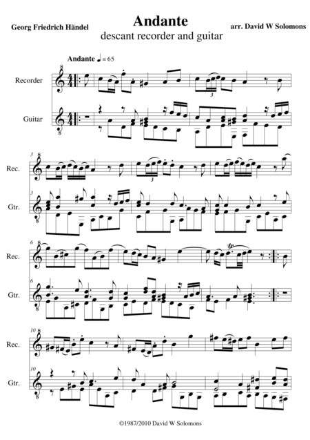 Andante In A Minor For Flute Or Alto Recorder And Guitar Sheet Music