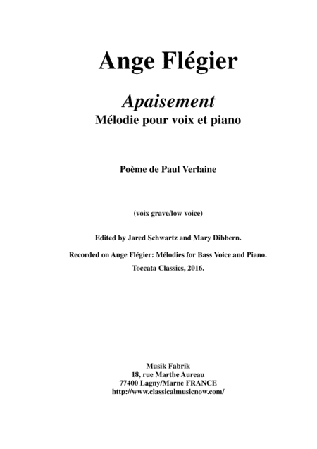 Ange Flgier Apaisement For Low Voice And Piano Sheet Music