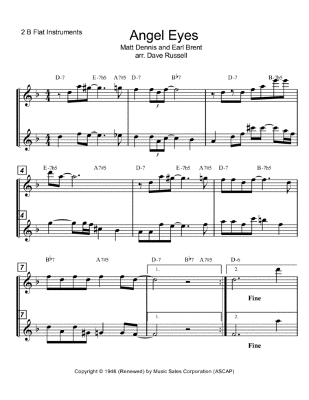 Free Sheet Music Angel Eyes For Bb Instruments