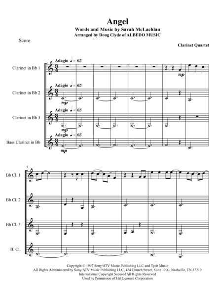 Angel For Clarinet Quartet Sheet Music