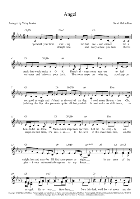 Free Sheet Music Angel Lead Sheet For Singalongs