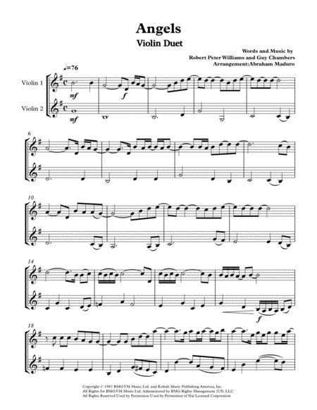 Angels By Robbie Williams Violin Duet Sheet Music