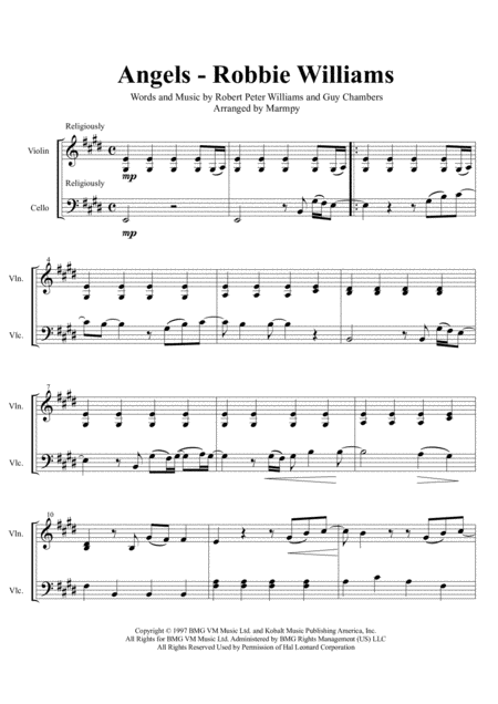 Free Sheet Music Angels Robbie Williams Arranged For String Duet