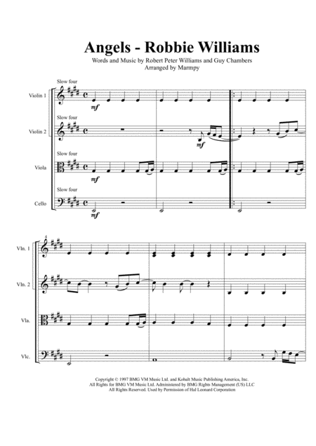 Angels Robbie Williams Arranged For String Quartet Sheet Music