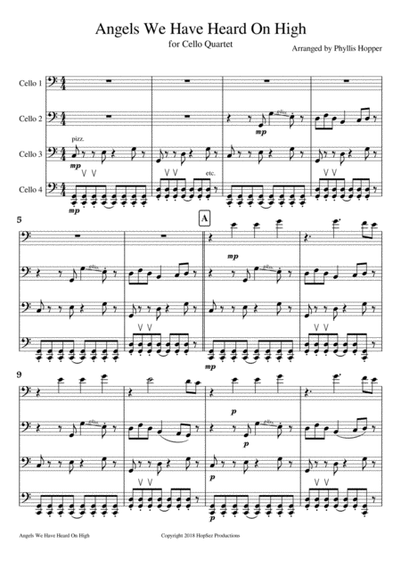 Free Sheet Music Angels We Have Heard On High For Cello Quartet