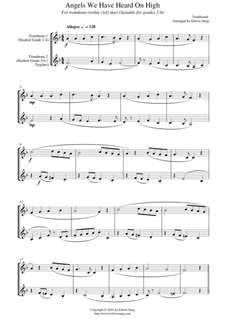 Free Sheet Music Angels We Have Heard On High For Trombone Duet Treble Clef Suitable For Grades 2 6