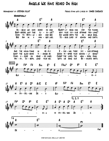 Angels We Have Heard On High Lead Sheet Melody Lyrics Chords In Key Of A Sheet Music