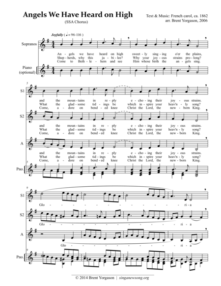Free Sheet Music Angels We Have Heard On High Ssa