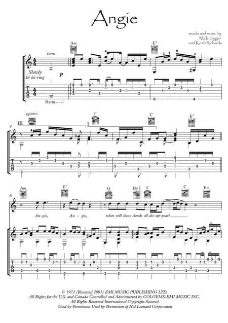 Angie Classical Guitar Sheet Music