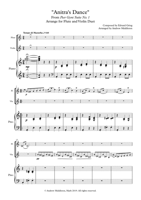 Anitras Dance Arranged For Flute And Violin Duet Sheet Music