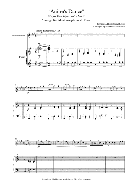 Anitras Dance From Peer Gynt Suite Arranged For Alto Saxophone And Piano Sheet Music