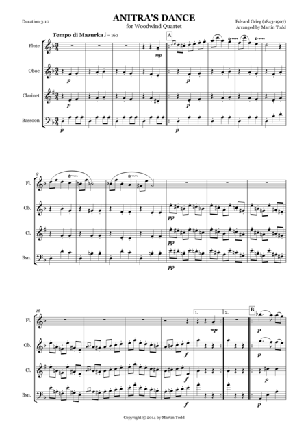 Anitras Dance From Peer Gynt Suite No 1 For Woodwind Quartet Sheet Music