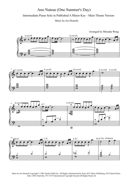 Ano Natsue One Summers Day Easy To Intermediate Piano Solo In Published A Minor With Chords Sheet Music