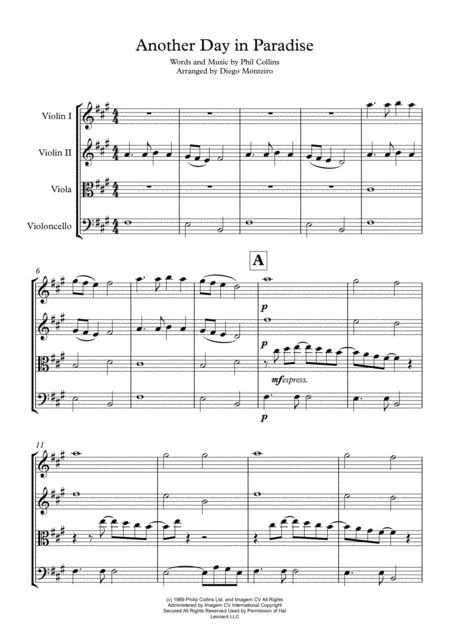 Another Day In Paradise String Quartet Sheet Music