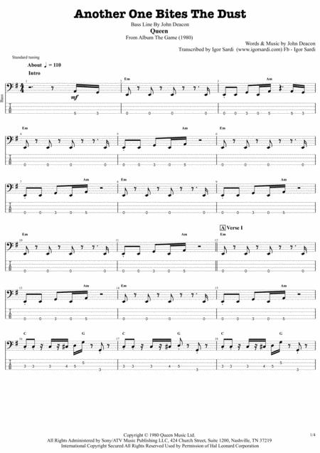 Another One Bites The Dust Queen John Deacon Complete And Accurate Bass Transcription Whit Tab Sheet Music