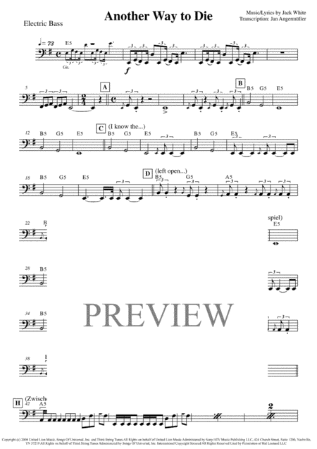 Free Sheet Music Another Way To Die E Bass Transcription Of Original Recording For James Bond