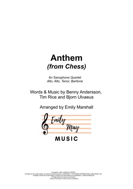 Anthem From Chess For Saxophone Quartet Sheet Music