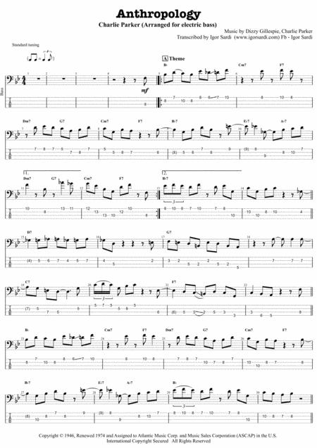 Anthropology Charlie Parker Theme And Solo Arranged For Electric Bass Accurate And Complete Transcription Sheet Music