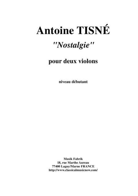 Antoine Tisn Nostalgie For Two Violins Sheet Music