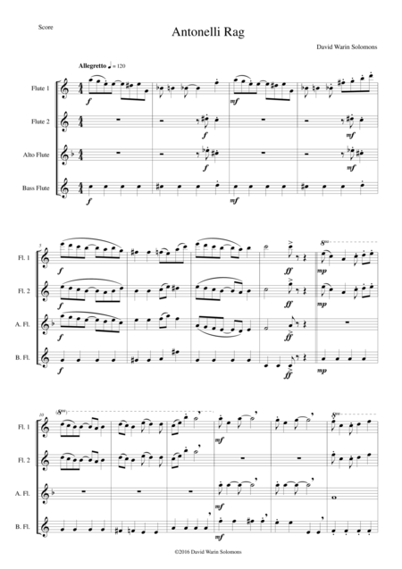 Antonelli Rag For Flute Quartet 2 Flutes 1 Alto Flute 1 Bass Flute Sheet Music