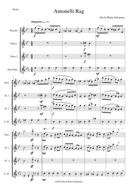 Antonelli Rag For High Flute Quartet 1 Piccolo 2 Flutes 1 Alto Flute Sheet Music