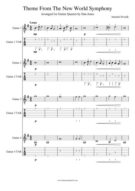 Antonin Dvorak Theme From The New World Symphony For Easy Guitar Quartet Sheet Music