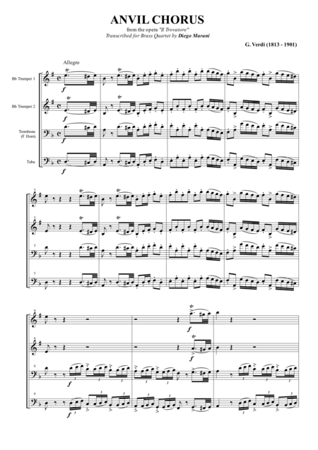 Free Sheet Music Anvil Chorus From The Opera Il Trovatore For Brass Quartet