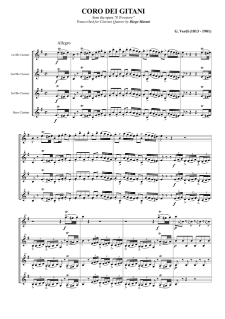 Free Sheet Music Anvil Chorus From The Opera Il Trovatore For Clarinet Quartet