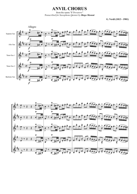 Anvil Chorus From The Opera Il Trovatore For Saxophone Quintet Sheet Music