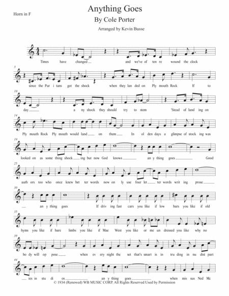 Free Sheet Music Anything Goes Easy Key Of C Horn In F