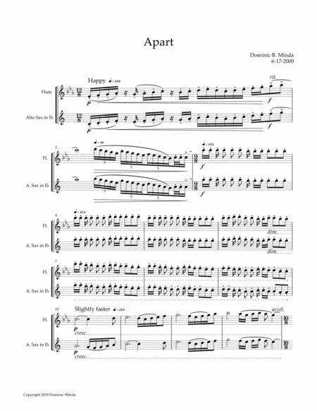 Free Sheet Music Apart A Duet For Alto Sax And Flute