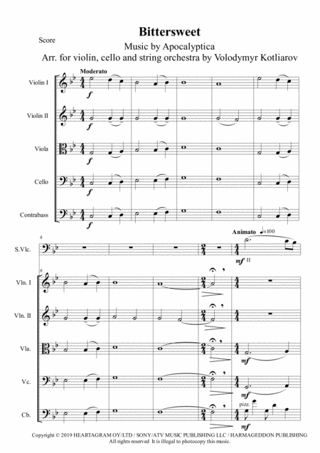 Apocalyptica Bittersweet For Violin Cello And Orchestra Sheet Music