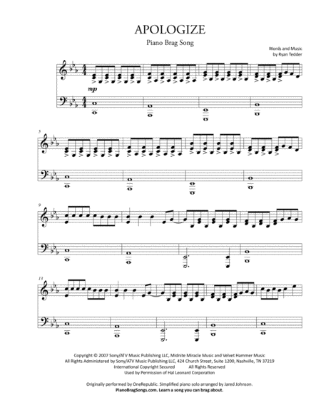 Apologize Short Piano Solo Onerepublic Sheet Music