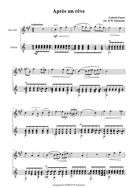 Free Sheet Music Aprs Un Rve After A Dream For Alto Saxophone And Guitar