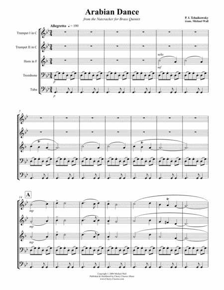 Arabian Dance From The Nutcracker For Brass Quintet Sheet Music