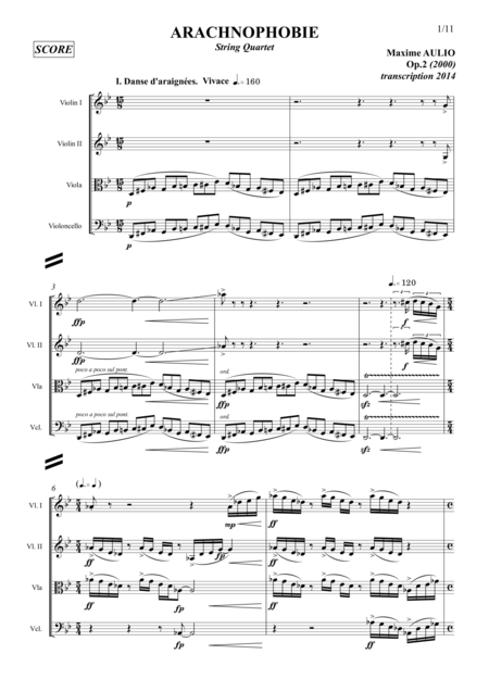 Free Sheet Music Arachnophobia For String Quartet Score