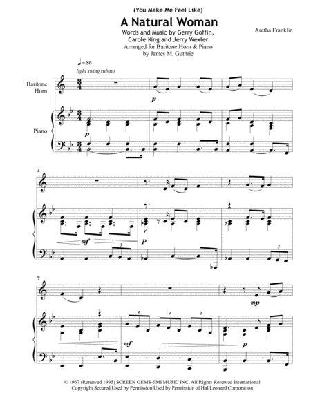 Aretha Franklin You Make Me Feel Like A Natural Woman For Baritone Horn Piano Sheet Music