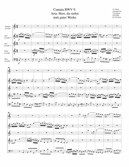 Aria Duetto Herr Du Siehst Statt Guter Werke From Cantata Bwv 9 Arrangement For 5 Recorders Sheet Music