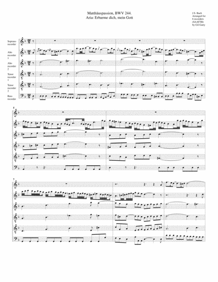 Aria Erbarme Dich Mein Gott From Matthuspassion Arrangement For 6 Recorders Sheet Music