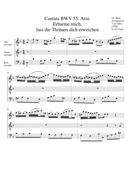 Aria Erbarme Mich Lass Die Thraenen Dich Erweichen From Cantata Bwv 55 Arrangement For 3 Recorders Sheet Music