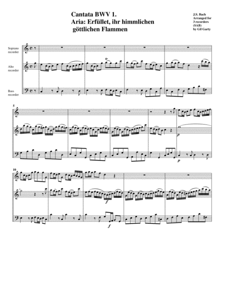 Aria Erfuellet Ihr Himmlichen Goettlichen Flammen From Cantata Bwv 1 Arrangement For 3 Recorders Sheet Music