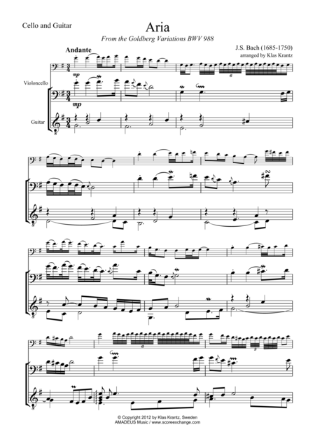 Aria From Goldberg Var Fully Ornamented For Cello And Guitar Sheet Music