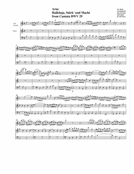 Aria Halleluja Strk Und Macht From Cantata Bwv 29 Arrangement For Alto Recorder And Organ Sheet Music