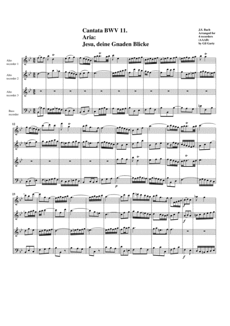 Aria Jesu Deine Gnaden Blicke From Cantata Bwv 11 Arrangement For 4 Recorders Sheet Music