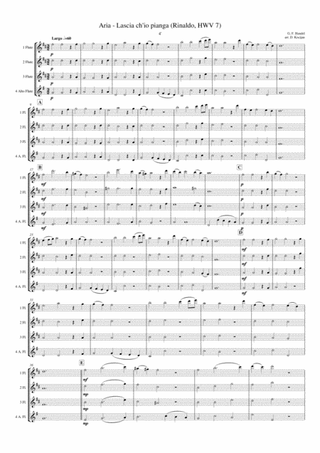 Aria Lascia Ch Io Pianga Flute Quartet Sheet Music