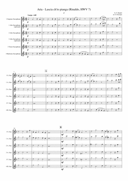 Aria Lascia Ch Io Pianga Saxophone Quartet Sheet Music